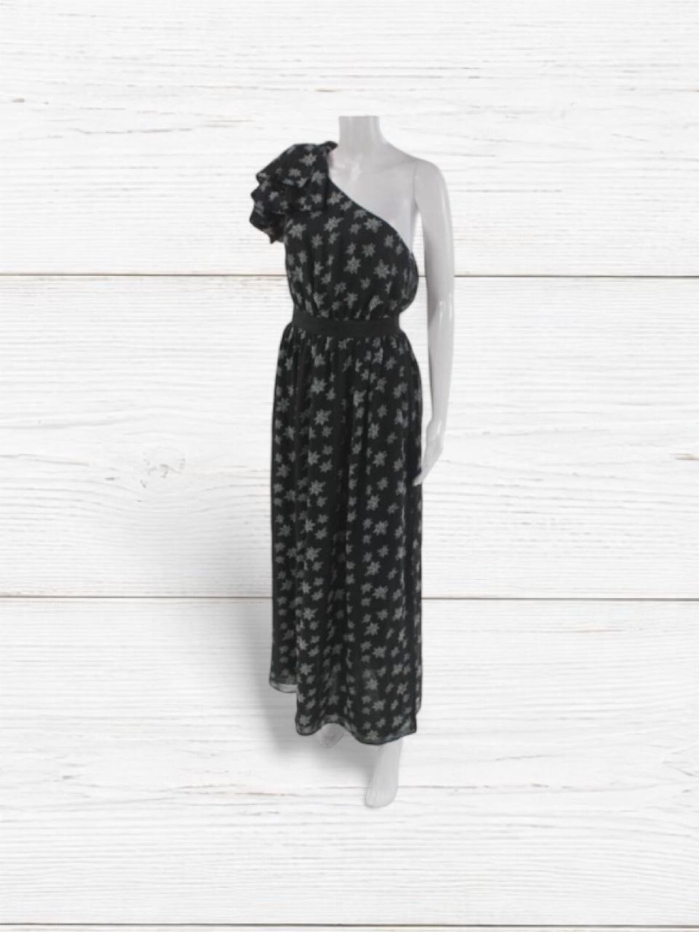 Black One-Shoulder Star-Print Maxi Dress with Ruffle Shoulder